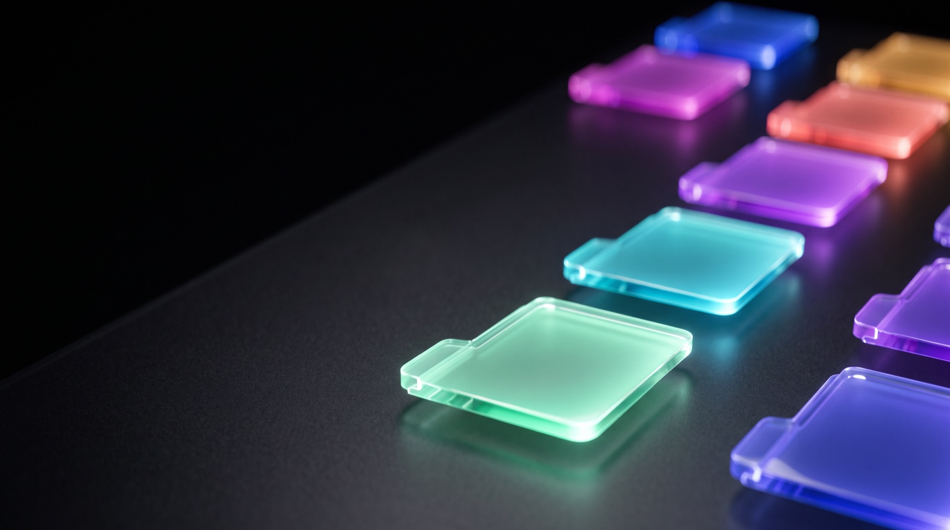 Twelve glass folders in mint, teal, blue, violet, coral and amber resting on a dark surface