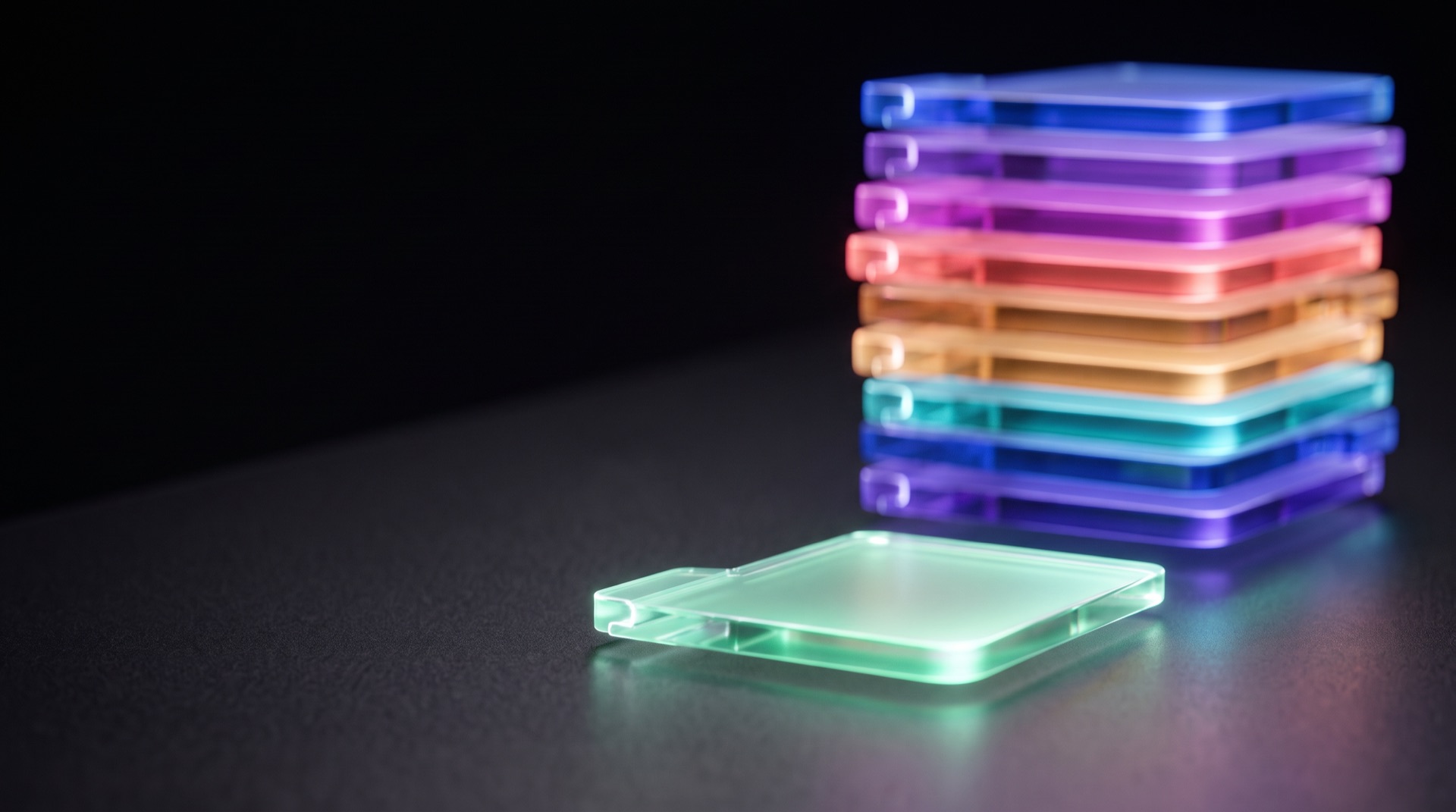 A tall stack of colored glass slabs behind a single mint-green slab