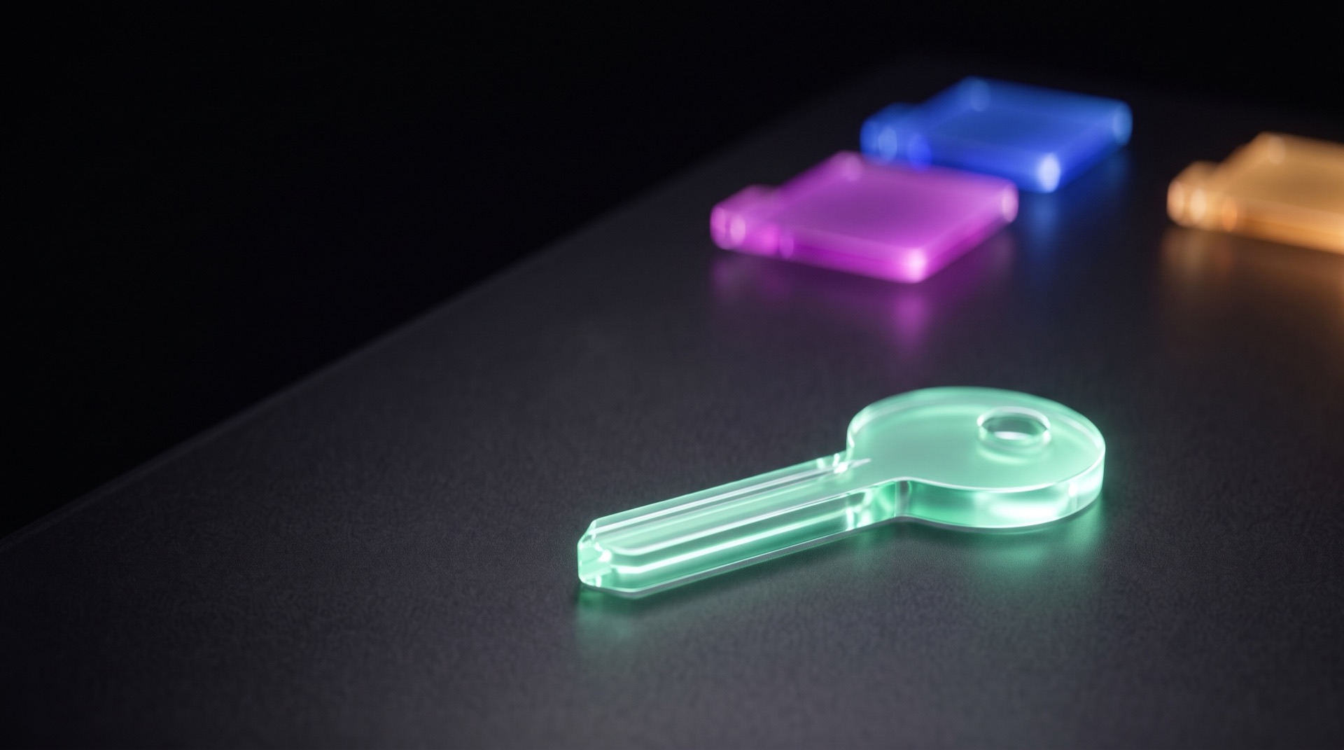 A mint-green glass key on a dark surface, with colored glass tiles out of focus behind it