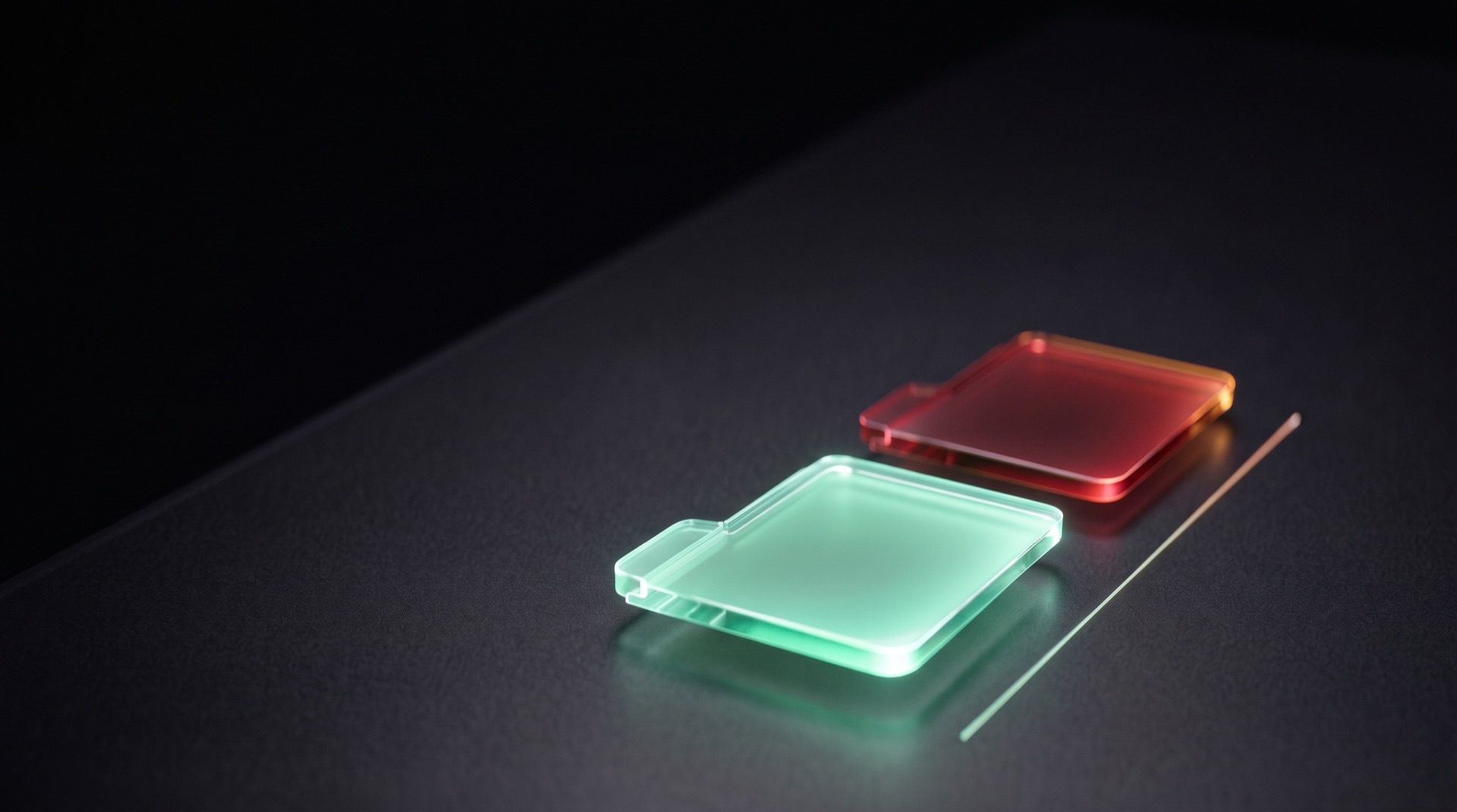 A mint-green glass tile beside a red one, with a thin line of light cut short between them
