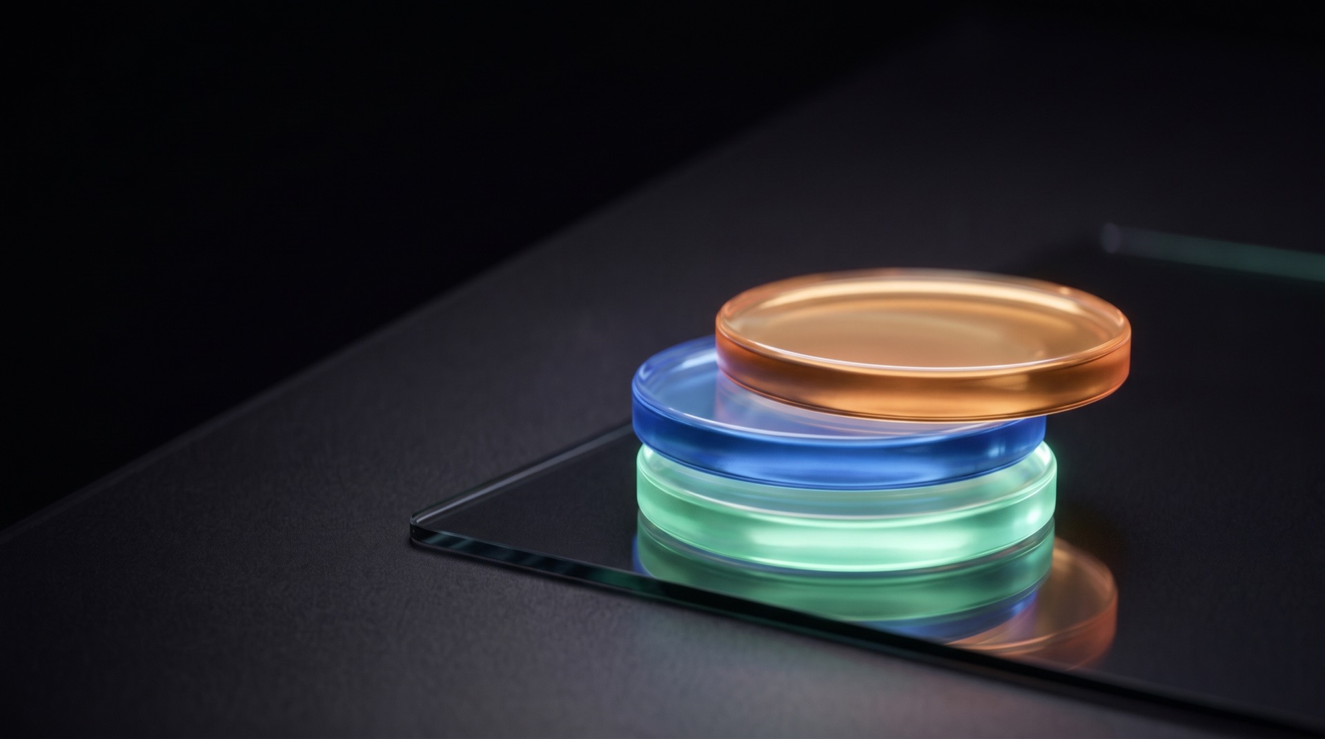 Three glass coins in mint, blue and amber stacked on a smoked-glass card